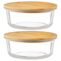 B&M Round Glass Food Containers With Bamboo Lid 2pk